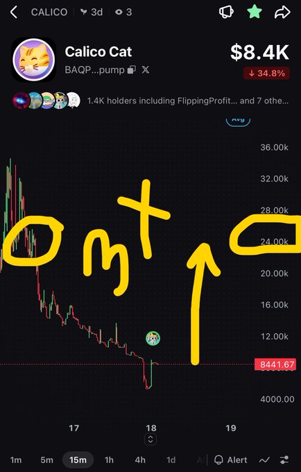 A cryptocurrency trading chart for "Calico Cat" showing a value of $8.4K down 34.8%, with yellow handwritten-style text saying "omt" and an upward arrow drawn on the chart.