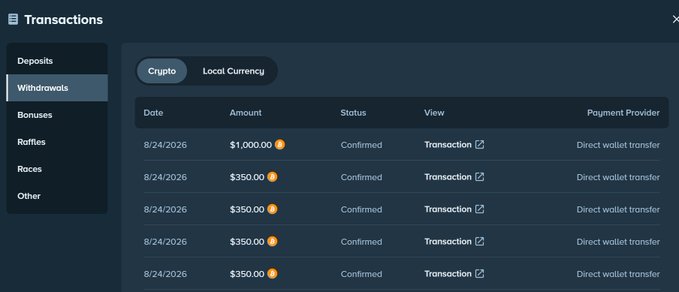 A transactions dashboard shows the Withdrawals tab with five "Confirmed" entries from 8/24/2026: one $1,000.00 payout and four $350.00 payouts via direct wallet transfer. This corresponds to the giveaway post showing Batch #88 paying out a total of $2,400 in BTC to four $350 recipients plus one $1,000 winner.