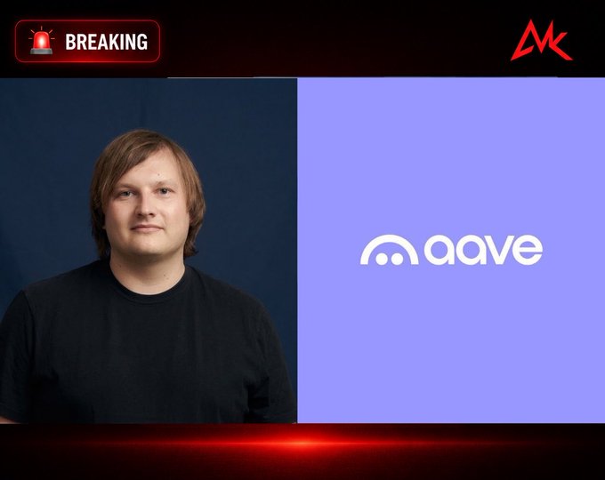 A news-style graphic featuring a 'BREAKING' alert with a young man in a black shirt alongside the 'AAVE' logo on a purple background.