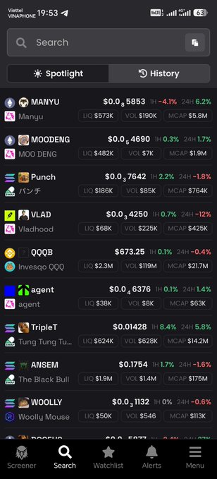 Screenshot of a Yumi VNPHONE crypto tracking app displaying various meme tokens including MANYU, MOODENG, Punch, VLAD, QQQB, agent, TripleT, ANSEM, and WOOLLY with their prices, 24H changes, liquidity, volume, and market cap.