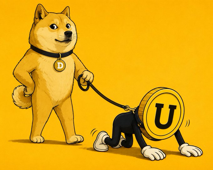 The image features a cartoon dog wearing a collar, walking with a gold coin attached to its head as if it were a human. A caption below the image reads "DOGE walked so Useless could crawl," suggesting that the dog's actions are indicative of the concept of being "useless" in a figurative sense. The image is related to the post because it uses humor and creativity to convey a message about the insignificance or lack of value associated with certain objects, such as the gold coin attached to the dog's head.