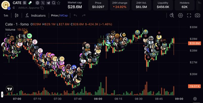 The image displays a DexScreener chart for the $CATE token showing a market cap of $28.6M and a -24.92% 24-hour price change, with the candlestick chart visually illustrating the sharp price decline described in the post—from roughly $30M down to $28.6M. The chart is overlaid with meme character bubbles representing holders, while the dramatic downward candles and volatility spikes in the 07:00–09:00 timeframe visually corroborate the post's claims of large-scale dumps and panic selling events.