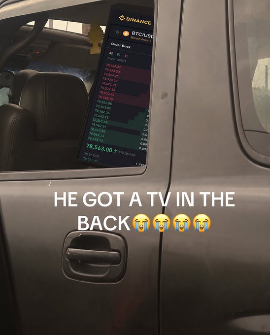 A silver truck has a tablet displaying the Binance BTC/USD order book mounted to its rear window, with text overlay reading 'HE GOT A TV IN THE BACK😭😭😭'.