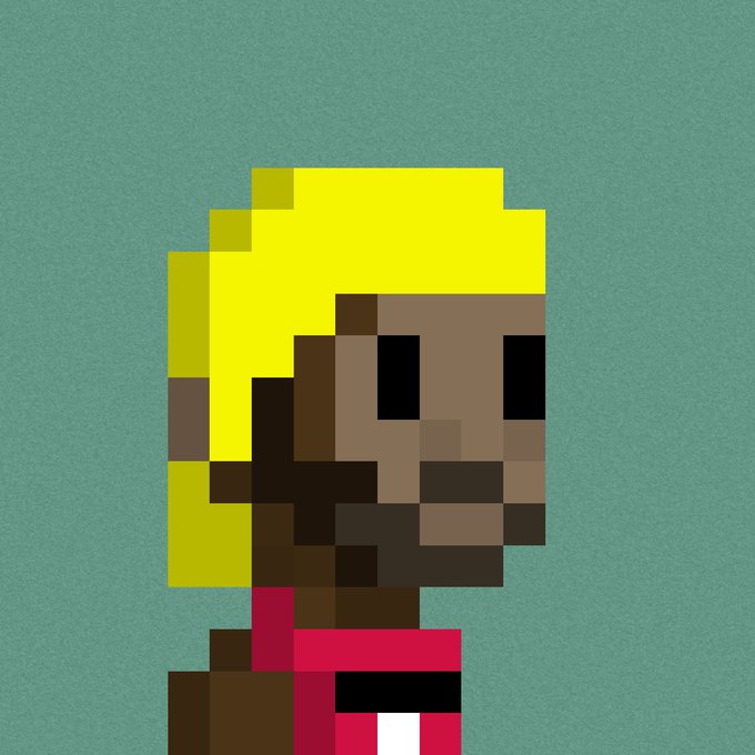 A pixel art illustration of a character with yellow hair, brown skin, and a red shirt is shown against a teal background, resembling a stylized avatar or profile picture that complements the "Happy Taco Tuesday" post about blockchain and maritime shipping projects like @EthraShip.