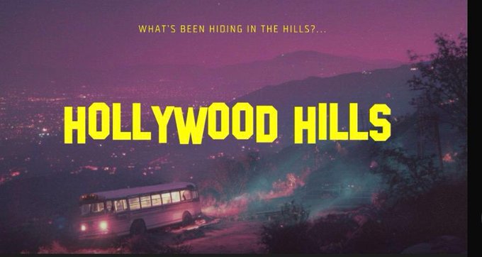 A moody, magenta-toned promotional image for "HOLLYWOOD HILLS" featuring a glowing bus on a foggy hillside at twilight with the tagline "WHAT'S BEEN HIDING IN THE HILLS?..." inviting fans to invest, join a horror bus tour, or appear in the film at hollywoodhills.cc.