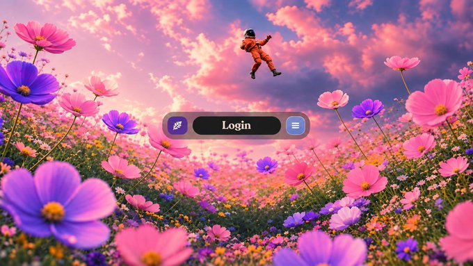 The image features a vibrant, dreamlike scene of an astronaut floating above a lush field of pink and purple cosmos flowers under a pastel sunset sky, with a central login button overlay. The whimsical, otherworldly aesthetic complements the post's announcement about a major launch and fee-burning event for the $blad token, visually evoking the excitement and anticipation of taking the project to "new heights."