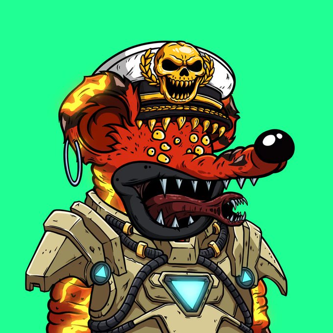 A vibrant cartoon illustration of a red, multi-eyed reptilian monster with sharp teeth wearing military armor and a white captain's hat with a skull and laurel wreath emblem, on a green background.