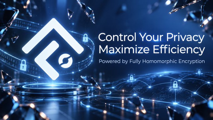 A promotional banner with a futuristic blue digital background showing a shield logo with the text 'Control Your Privacy Maximize Efficiency - Powered by Fully Homomorphic Encryption'.