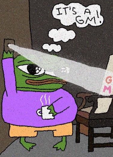 Illustration of the Pepe the Frog character in a purple shirt holding a coffee mug, with a thought bubble reading 'IT'S A GM!' as a projector shines 'GM' letters.