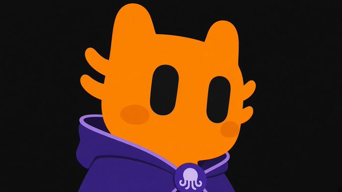 A cartoon illustration of an orange cat-like character with large black oval eyes, rosy cheeks, and small horn-like ears, wearing a purple hooded cloak with a white octopus emblem clasp on a black background.