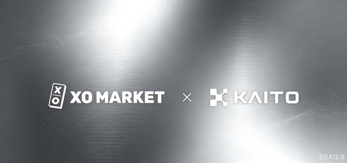 A metallic silver promotional graphic displaying two logos separated by an "×" symbol: "XO MARKET" on the left and "KAITO" on the right.