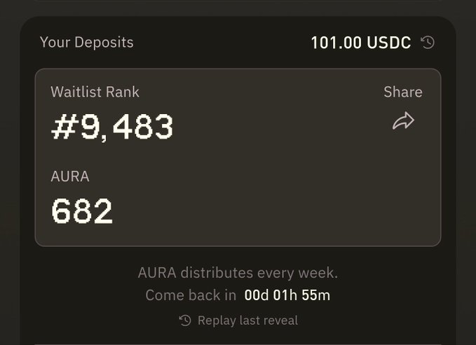 A deposit dashboard showing 101.00 USDC deposits with a Waitlist Rank of #9,483 and 682 AURA points, with AURA distributing every week and a countdown of 00d 01h 55m remaining.