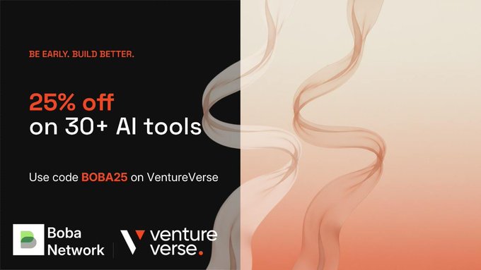 A promotional banner with a black left panel and flowing peach-cream gradient on the right, advertising "25% off on 30+ AI tools" with code "BOBA25" on VentureVerse, featuring the Boba Network and VentureVerse logos. The caption highlights a partnership offering Boba founders a 25% discount on VentureVerse's AI app store of 30+ tools across legal, marketing, finance, and more.