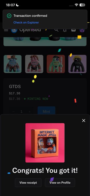 Mobile screenshot of an OpenSea NFT transaction confirmation for 'Internet Magic JPEGs' (GTDS) at $17.36, with a congratulations popup reading 'Congrats! You got it!'