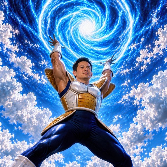 A digitally composed image shows a muscular man in Saiyan-style battle armor reaching upward toward a swirling blue energy vortex in the sky.