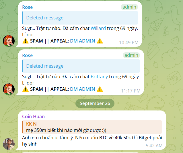 Telegram chat screenshot with Vietnamese messages showing admin 'Rose' banning users 'Willard' and 'Brittany' for 69 days for spam, along with a message from 'Coin Huan' about needing 350m and Bitcoin prices reaching 40k-50k.