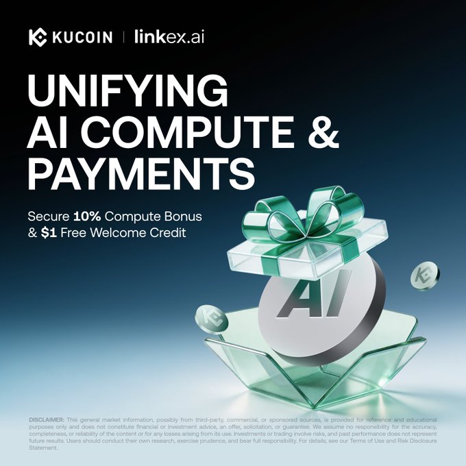 The image is a promotional banner from KuCoin and Linkex.ai announcing a partnership to "Unify AI Compute & Payments," offering users a 10% Compute Bonus and $1 Free Welcome Credit, alongside a gift box with an "AI" emblem and floating KuCoin coin icons that visually reinforce the limited-time reward details described in the accompanying post.