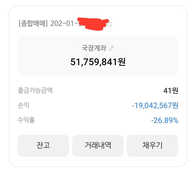 A screenshot of a domestic stock trading account showing a holding period gain of 41원 (₩41) with a loss of -19,042,567원 (-$19M KRW) and a -26.89% loss rate, illustrating the account recovery mentioned in the post. The image displays the user's partial account number "202-01" with identifying information scribbled out in red, along with buttons for "잔고" (Balance), "거래내역" (Transaction History), and "채우기" (Top Up).