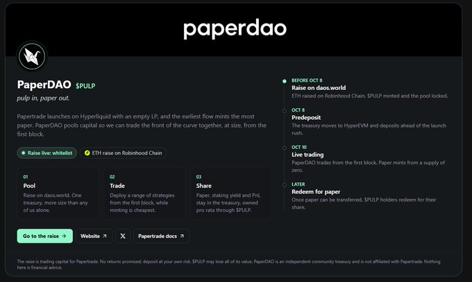 An informational page for 'paperdao' and the token '$PULP', describing how PaperDAO launches on Hyperliquid with an empty LP, detailing stages: Pool, Trade, Share, and roadmap items including 'Raise on daos.world', 'Live trading', and 'Redeem for paper'.
