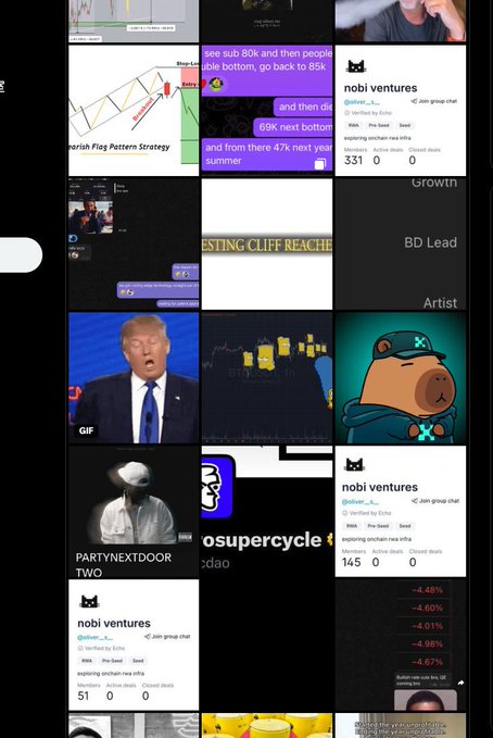 A grid view of various community chat profiles, GIFs, and trading charts, including 'nobi ventures,' 'PARTYNEXTDOOR TWO,' and messages about 'Bearish Flag Pattern Strategy' and '69K next bottom.'