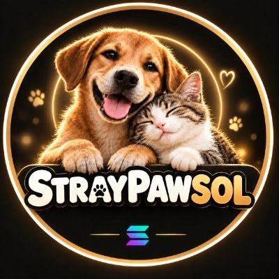 The StrayPawSol logo featuring a golden retriever puppy and a tabby kitten above a Solana blockchain symbol.