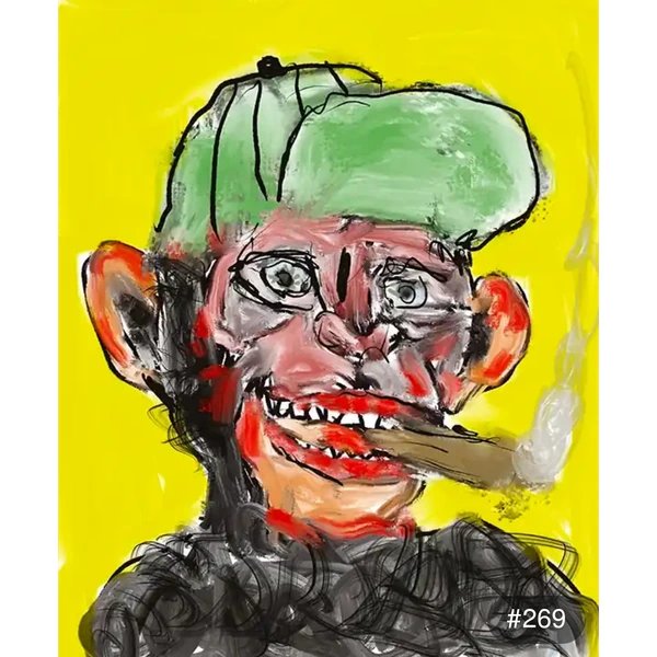 A crude digital illustration depicts a menacing-looking ape character with exaggerated features—a green cap, wild eyes, and a cigar clamped between sharp teeth—set against a bright yellow background, with "#269" visible in the corner, fitting the edgy "Ape In" Inscription NFT purchase referenced in the post.