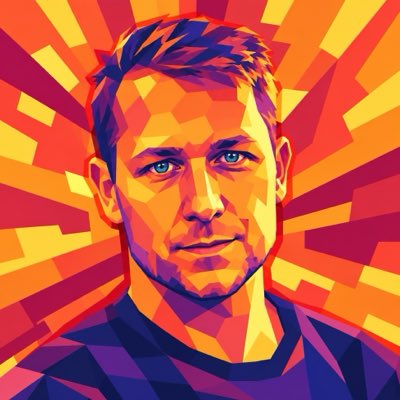 A colorful, low-poly geometric style portrait illustration of a man's face against a background of yellow and orange radiating shapes.