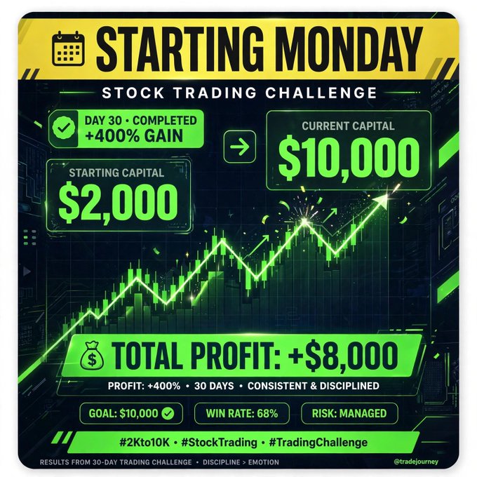 A green and black graphic celebrating a completed "STARTING MONDAY" stock trading challenge, showing a 400% profit turning $2,000 starting capital into $10,000 over 30 days.