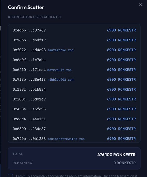 The image shows a "Confirm Scatter" transaction screen displaying a distribution of 6900 RONKESTR tokens to 69 recipients, with a total of 476,100 RONKESTR being sent and 0 RONKESTR remaining—visually confirming the massive token airdrop referenced in the "CHECK YOUR WALLET RONKES!" message.