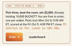 A promotional banner for Pick'Em Round 2 offers 'Pick three, beat the room, win $2,000' with 10,000 BUCKETT tokens, active October 5-9.
