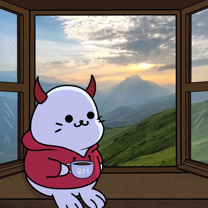 An adorable cartoon character of a white chubby cat-like creature with small red devil horns, wearing a red hoodie and holding a mug with 'G:M' written on it, sitting in a window with a scenic mountain sunset view.