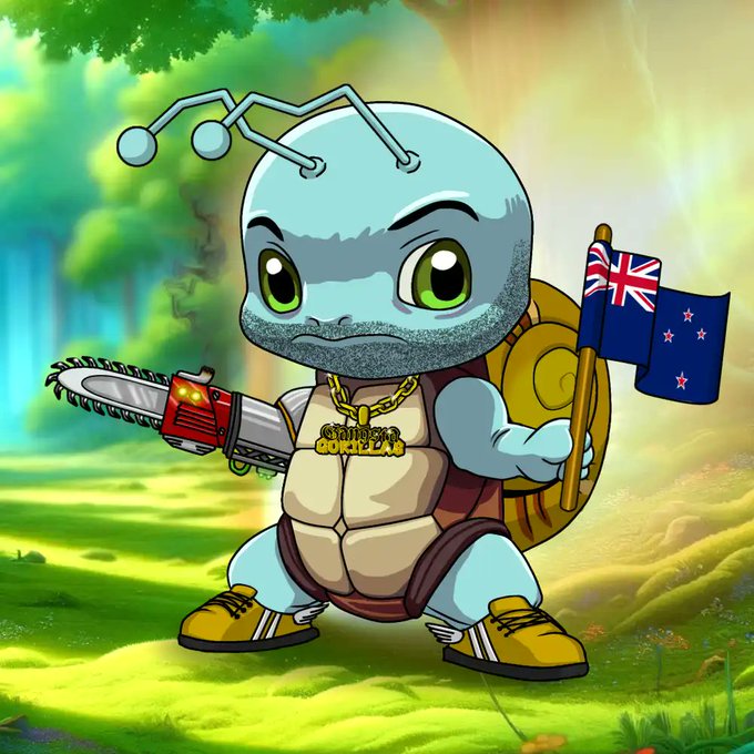 A cartoon illustration of a muscular, light blue bug-like character with antennae, holding a chainsaw and a New Zealand flag, wearing a gold chain that says 'CRYPTO BUGZ', a snail shell on its back, and yellow sneakers in a forest setting.