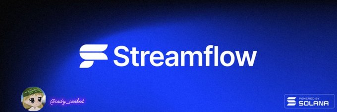 A promotional graphic featuring the Streamflow logo and branding on a blue gradient background, with a "Powered by Solana" badge in the bottom right corner and the handle "@codey_cooked" in the bottom left, visually reinforcing the post's message about Streamflow's Solana-based business solutions for token operations like vesting, payroll, and airdrops.