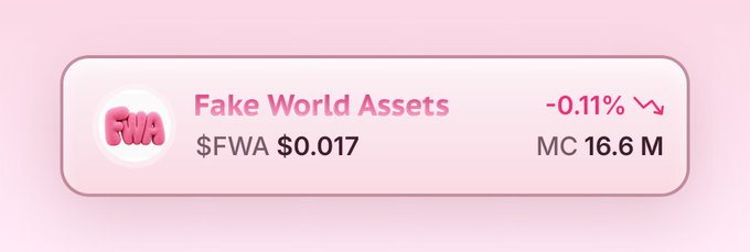 A pink-themed cryptocurrency ticker card for 'Fake World Assets' ($FWA) priced at $0.017, showing a -0.11% decline and a market cap of 16.6M.