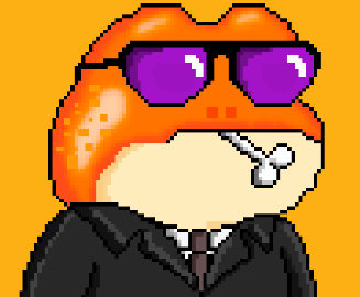 A pixel art image of an orange frog-like character wearing purple sunglasses and a black suit, smoking a cigarette against an orange background.
