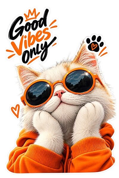 A sticker-style illustration of a white cat wearing orange-rimmed sunglasses and an orange hoodie, with the text 'Good Vibes Only' above it and decorative hearts and paw prints.