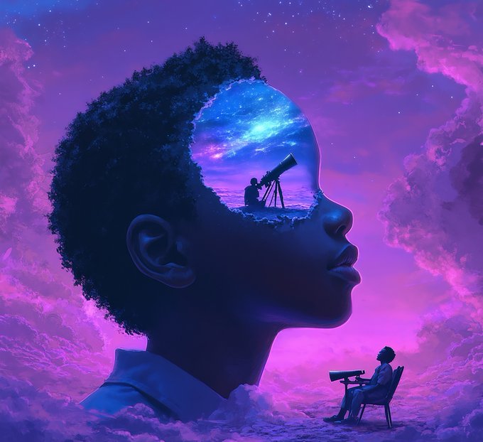A surreal digital illustration shows a silhouette of a person's head in profile against a purple, starry sky, with the interior of the mind revealing a child looking through a telescope at a galaxy, while a smaller figure sits below gazing upward.
