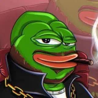 An AI-generated cartoon Pepe the Frog character wearing a black leather jacket and gold chain, smoking a cigar against a reddish background.