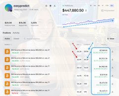 Screenshot of the EasyProfit website displaying a portfolio balance of $447,880.50 with 1,038 positions and a portfolio performance chart.
