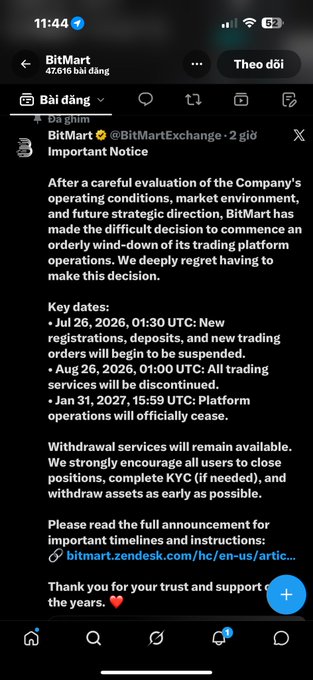 A mobile screenshot of an X (Twitter) post from BitMart announcing an orderly wind-down of its trading platform operations, with key dates including July 26, 2026, August 26, 2026, and January 31, 2027.