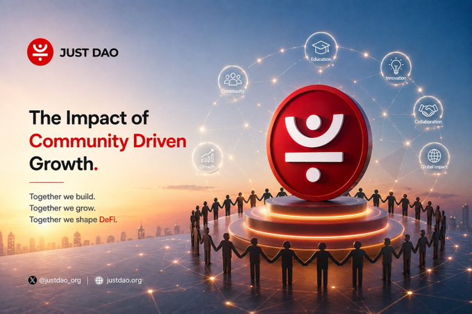 A promotional graphic for "JUST DAO" titled "The Impact of Community Driven Growth" features silhouetted figures holding hands around a central red DAO logo, with orbiting icons representing Education, Community, Innovation, Collaboration, Global Impact, and Growth—visually reinforcing the post's message about how collaborative, engaged users drive awareness, adoption, and development within blockchain ecosystems.