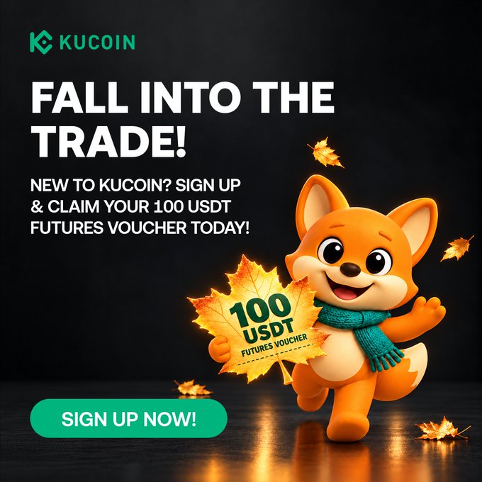 A KuCoin promotional graphic for “Fall Into the Trade!” shows an orange fox mascot holding a leaf labeled “100 USDT Futures Voucher,” with text inviting new users to sign up and claim the voucher. It promotes KuCoin’s “Fall” campaign and a 20,000 USDT prize pool.