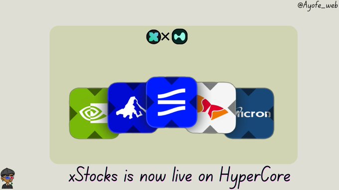 A promotional graphic stating 'xStocks is now live on HyperCore' featuring logos for NVIDIA, Franklin Templeton, Franklin, Micron, and a small cartoon avatar with the watermark '@Ayofe_web'.