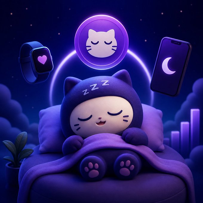 A 3D-rendered illustration of a cute purple cat character wearing a sleep mask, sleeping in bed under a purple blanket, surrounded by floating icons of a cat, a smartwatch, and a smartphone, set against a dark starry night sky.