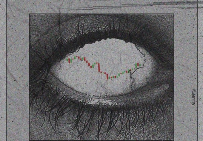 A grayscale close-up of an eye with a descending red and green candlestick chart across the pupil, visually representing the "Grind Grind Grind" theme of sustained downward market pressure. The watermark "ILLVINTLY" appears on the right side, branding the artwork.