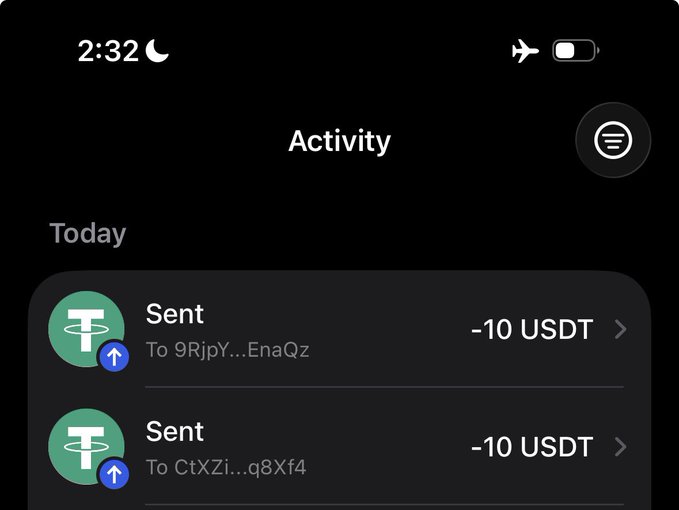 A mobile screenshot of a crypto wallet activity log showing two USDT transactions of -10 USDT each sent to addresses "9RjpY...EnaQz" and "CtXZi...q8Xf4" on the current day, supporting the post's claim that prizes have been sent to contest winners.