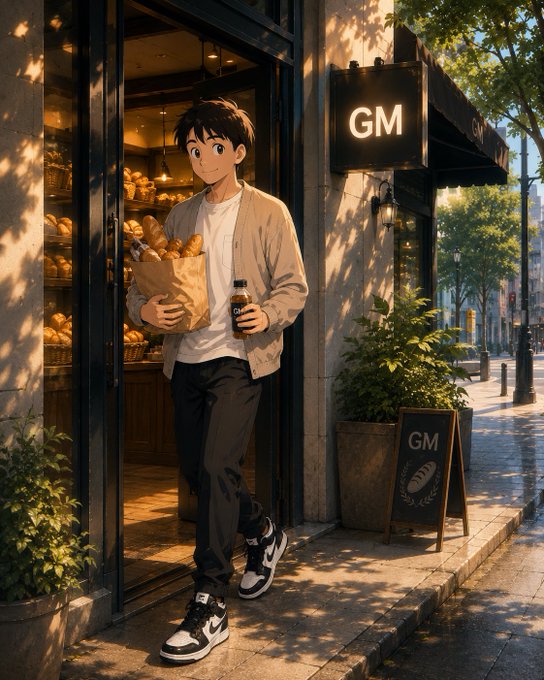 An anime-style illustration of a young man holding a paper bag of bread and a drink outside a bakery shop with a 'GM' sign.