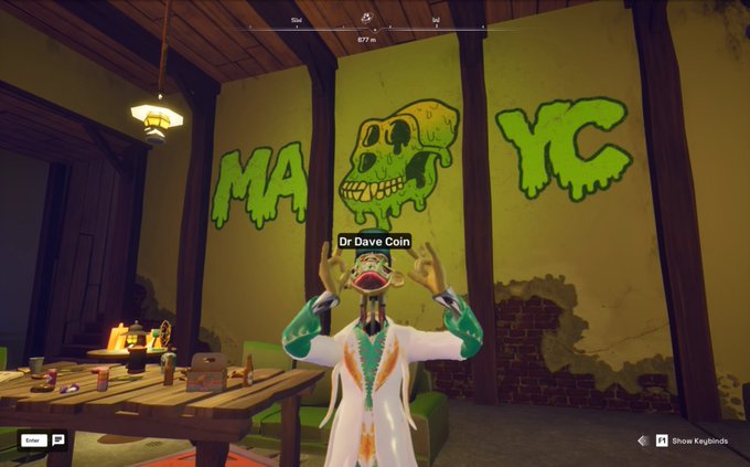 A video game screenshot showing a character in a white suit labeled 'Dr Dave Coin' holding their hands up, standing in a room with green graffiti on the walls reading 'MA', a skull, and 'YC'.