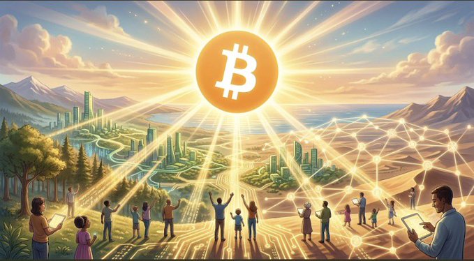 A stylized illustration showing a glowing Bitcoin symbol radiating light over a futuristic cityscape, with people below holding devices connected by a network of glowing nodes, symbolizing global cryptocurrency adoption.