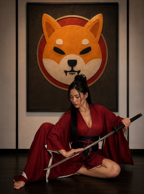 An AI-generated image of a woman in a red kimono sitting on the floor holding a katana, posed in front of a large framed portrait of a Shiba Inu dog with fangs.
